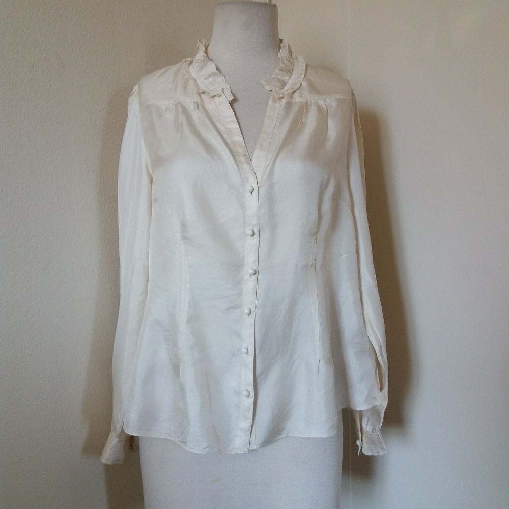 Vintage Banana Republic Ivory silk ruffle neck blouse L